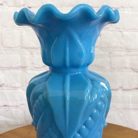 Victorian Blue Opaline Glass Ruffled Footed Vase - Picture 5 of 8